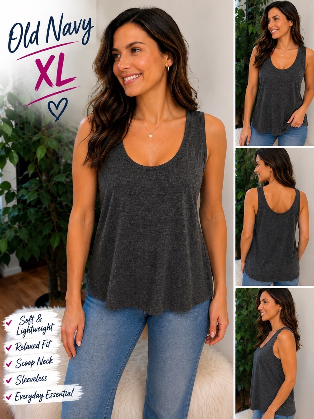 Old Navy Women’s XL Gray Scoop Neck Tank Top Sleeveless Soft Flowy Casual